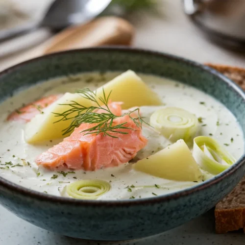 A steaming bowl of Finnish salmon soup (Lohikeitto) with chunks of salmon, potatoes, and leeks, garnished with fresh dill.