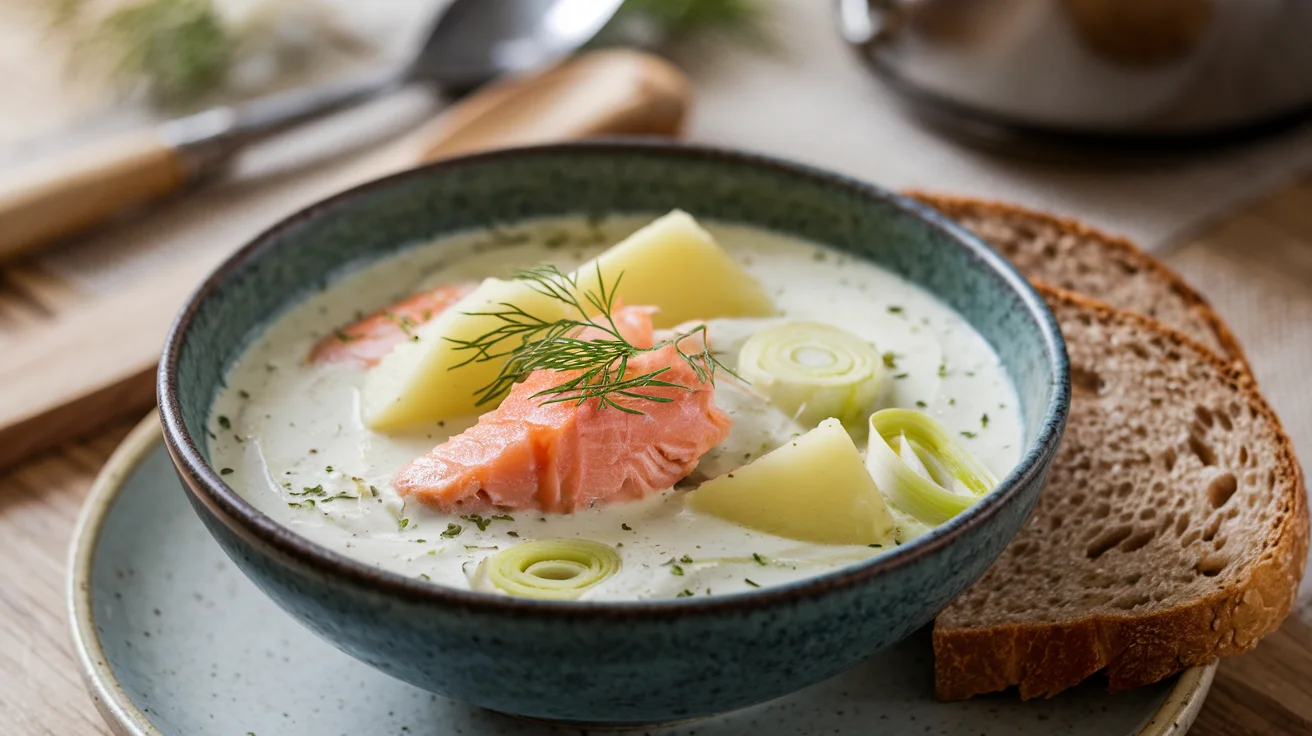 A steaming bowl of Finnish salmon soup (Lohikeitto) with chunks of salmon, potatoes, and leeks, garnished with fresh dill.