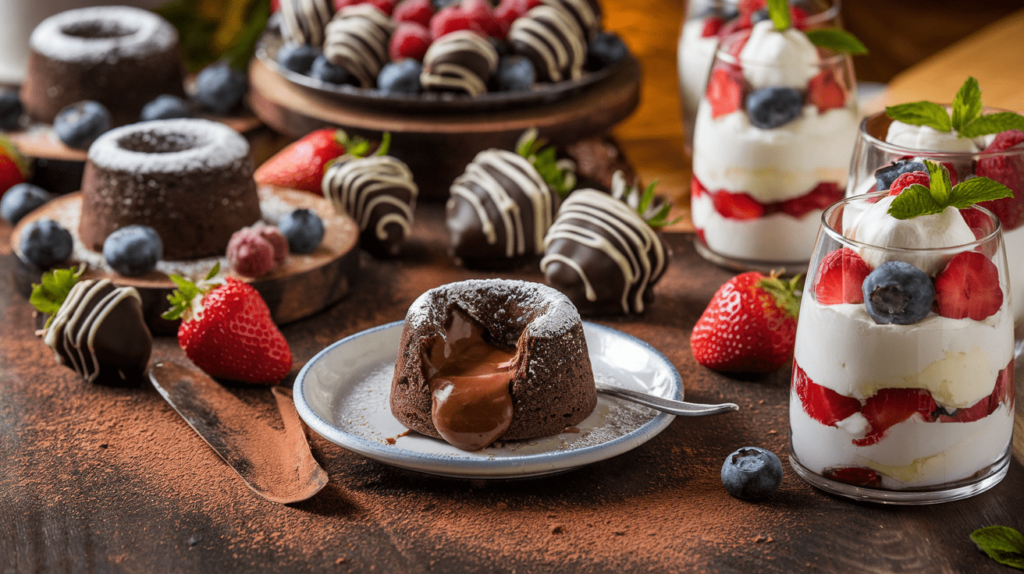 A dessert platter showcasing lava cakes, chocolate-dipped strawberries, and parfaits made with Fix Dessert Chocolate.