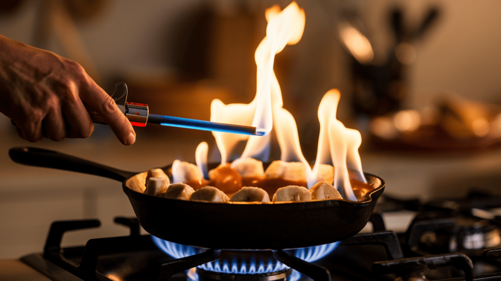 Skillet with bananas being flambéed, with flames rising dramatically.