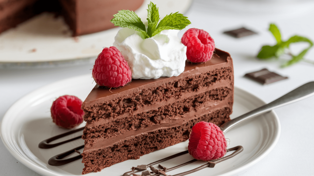 A rich, fudgy flourless chocolate cake served on a white plate, topped with a dollop of whipped cream and fresh raspberries.