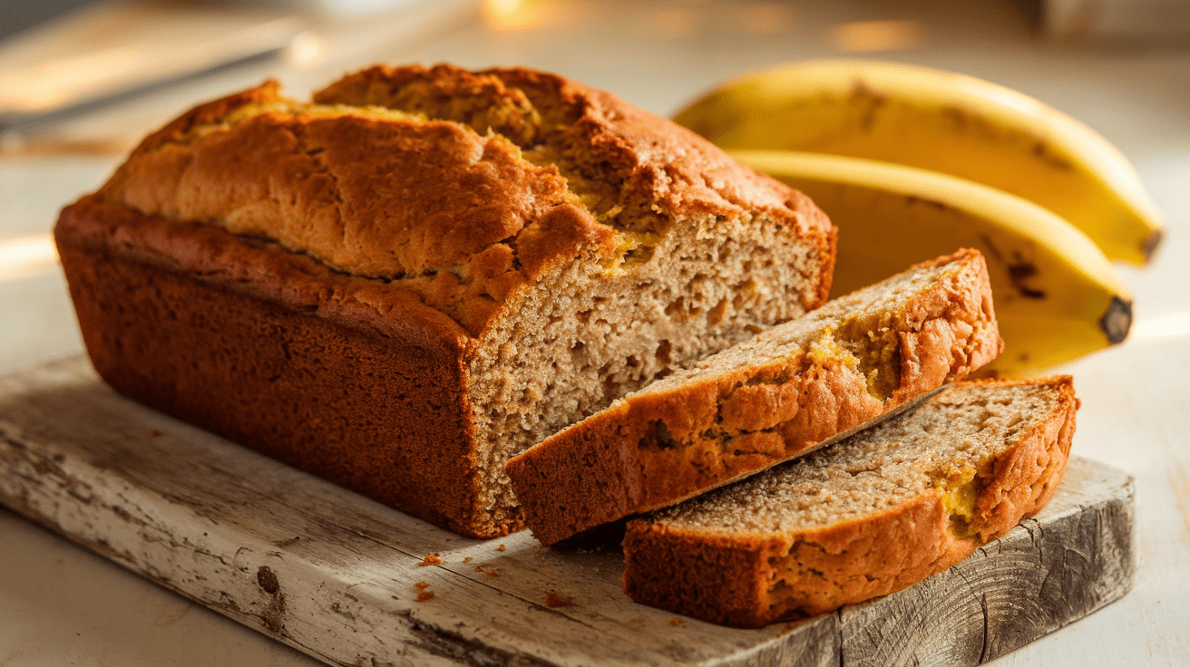 A freshly baked loaf of fluffy banana bread, golden brown with a soft, moist texture, resting on a wooden cutting board surrounded by ripe bananas.