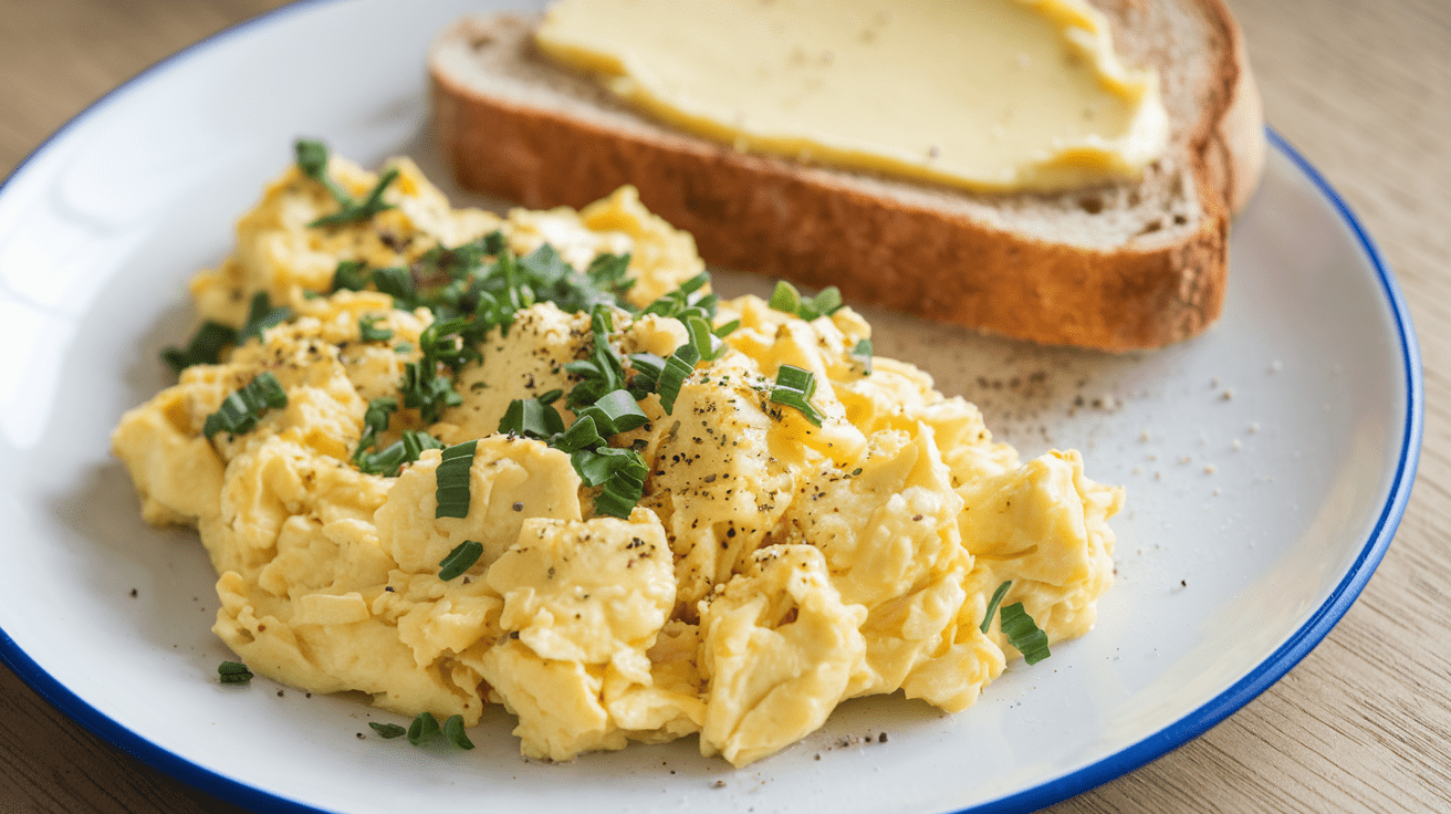 A plate of creamy, fluffy scrambled eggs topped with fresh chopped chives, served alongside a slice of buttered toast on a white plate with a blue rim. Perfect for a quick and delicious breakfast.