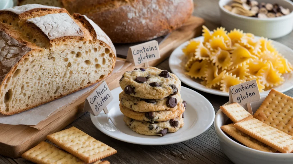 A spread of foods containing gluten, including bread, pasta, crackers, and cookies.