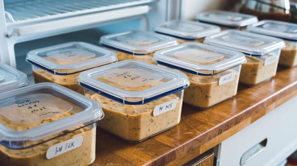 Soup stored in airtight containers ready for the freezer.