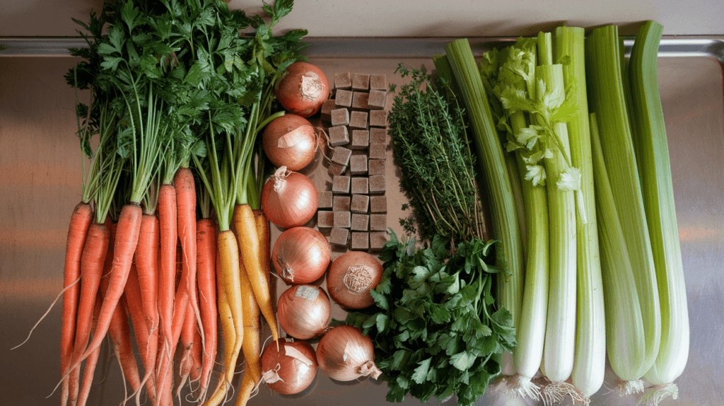 Fresh vegetables, herbs, and stock ingredients arranged for soup preparation.