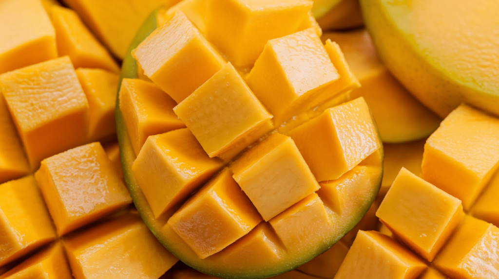 A close-up of ripe mangoes, showcasing their golden yellow color and juicy texture.