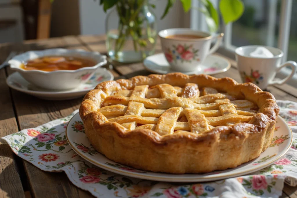 A freshly baked apple pie with a lattice crust served on a vintage wooden table with a cup of tea.