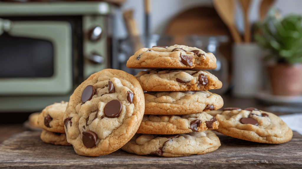 A stack of golden-brown chocolate chip cookies with melty chocolate chunks.