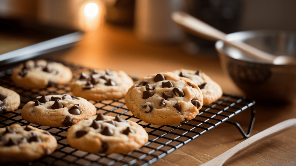 A small batch of freshly baked chocolate chip cookies cooling on a wire rack.