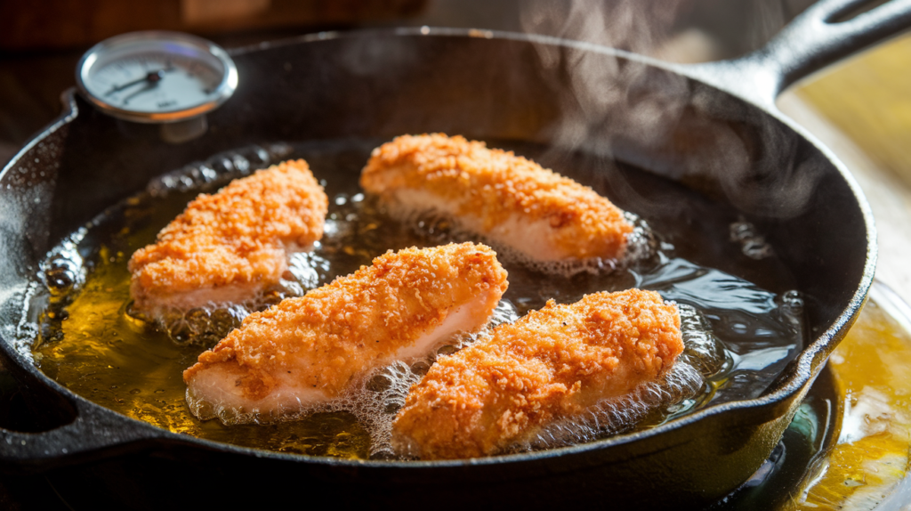 Buttermilk chicken tenders frying in hot oil inside a skillet.