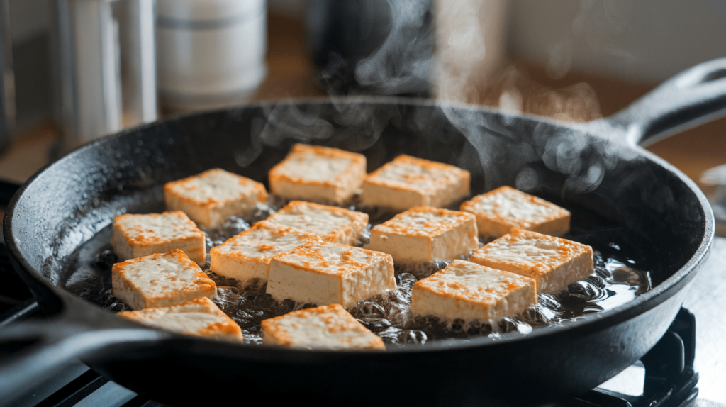 Tofu cubes frying in a pan of hot oil, with golden edges visible.