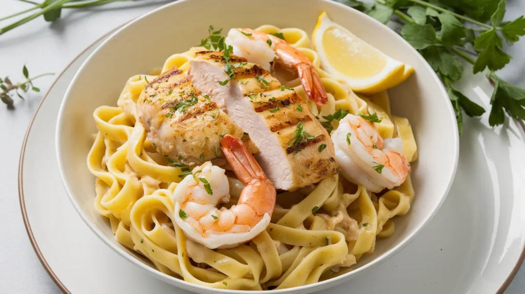 A golden garlic butter pasta with seared chicken and shrimp, topped with fresh herbs.