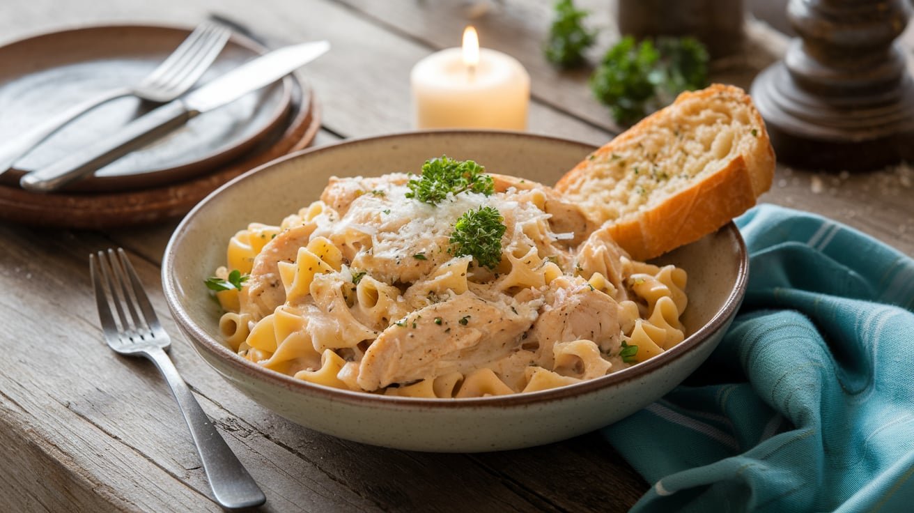 A creamy bowl of garlic parmesan chicken pasta garnished with fresh parsley and parmesan cheese, with garlic bread on the side.