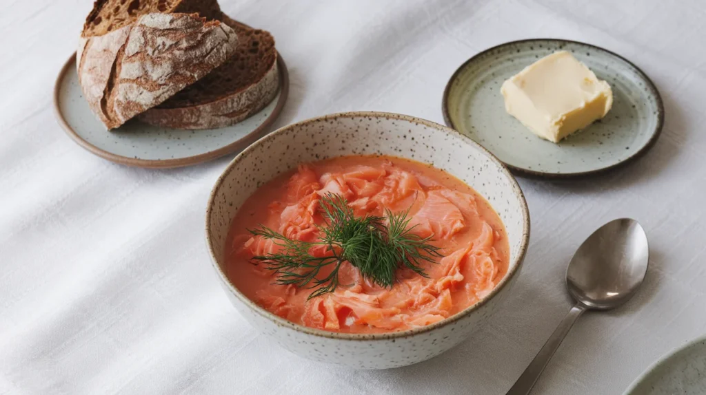 A bowl of salmon soup garnished with dill, served with a slice of rye bread and butter on the side.