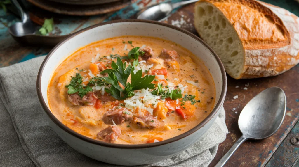 A bowl of creamy sausage soup garnished with parsley and served with bread.