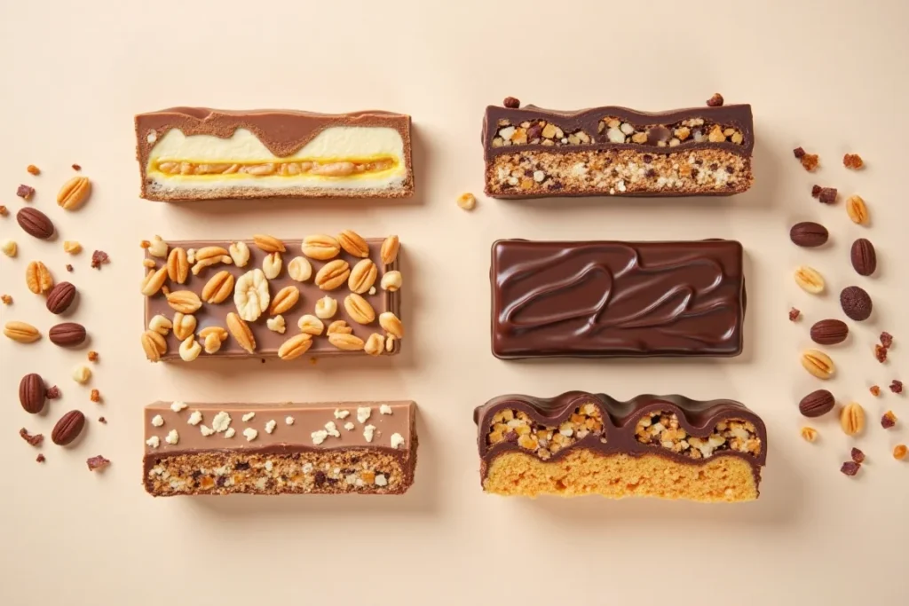 A collection of dessert-inspired candy bars with different flavors and textures, including nutty, fruity, and creamy variations.