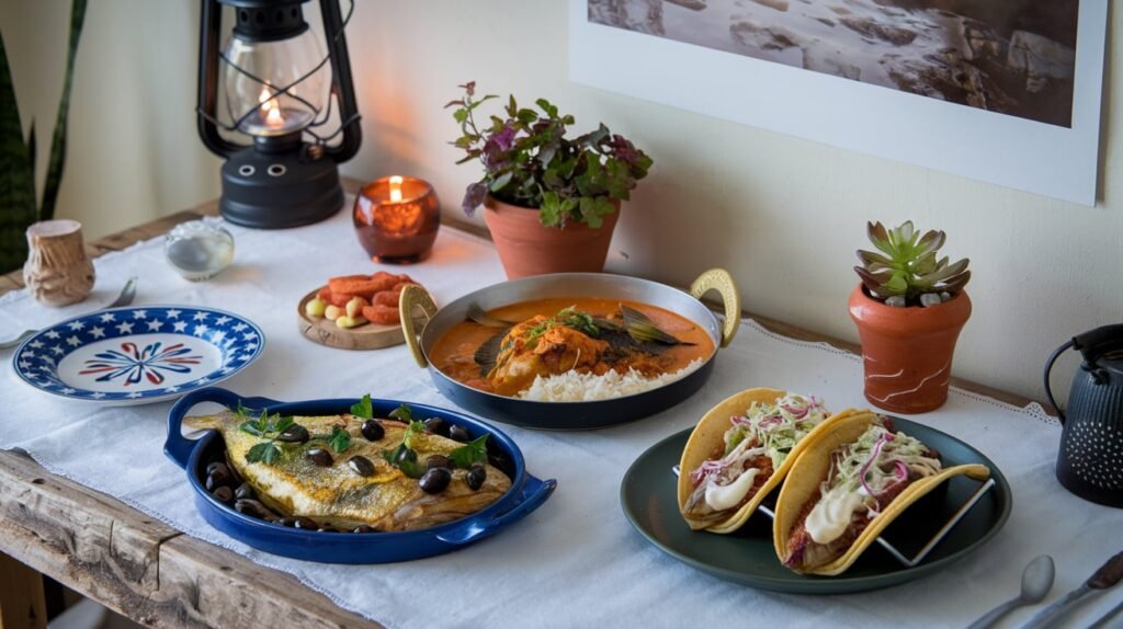 Three dishes featuring white fish: Mediterranean-style baked fish, Indian fish curry, and fish tacos.