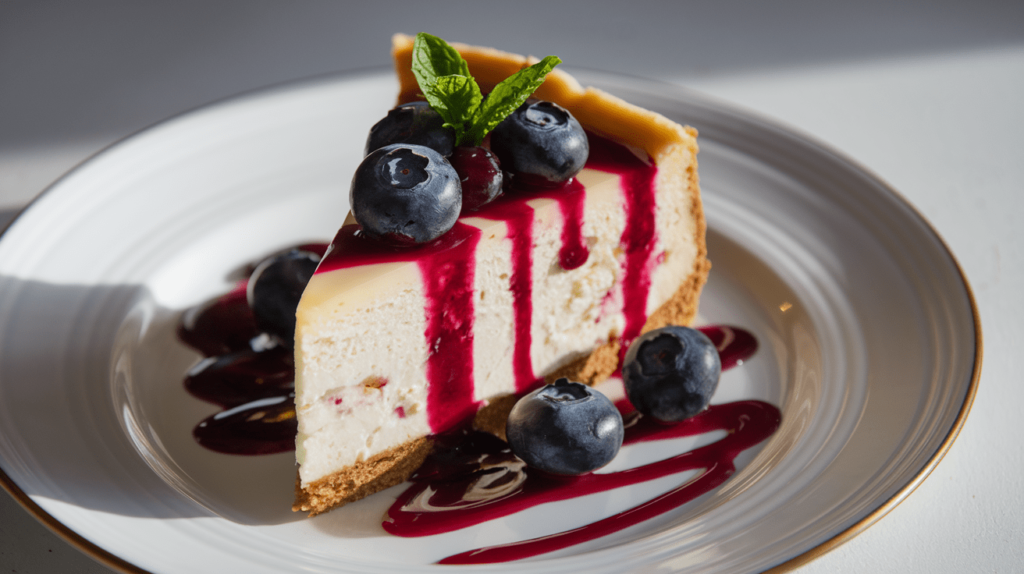 A creamy gluten-free cheesecake slice on a plate, with a drizzle of berry sauce and fresh blueberries.