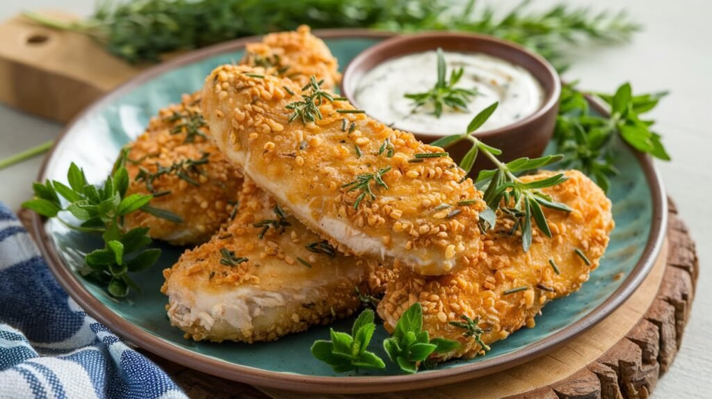 Gluten-free buttermilk chicken tenders served on a rustic plate with a fresh herb garnish.