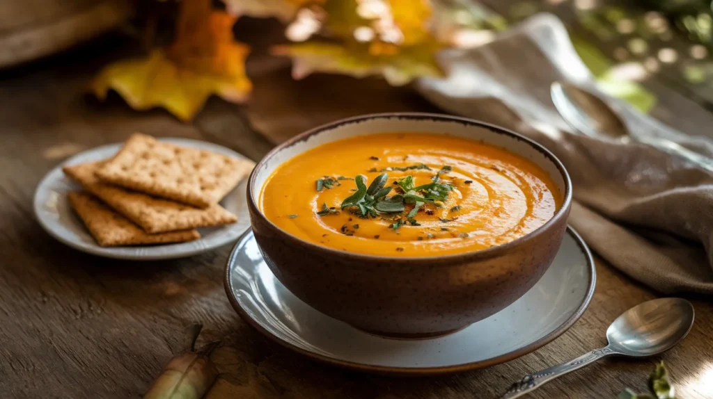 A bowl of creamy butternut squash soup with gluten-free crackers on the side.