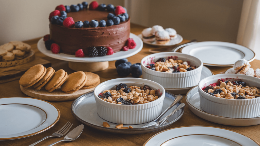 A table filled with a variety of gluten-free desserts, including cookies, cake slices, and a berry crumble, styled with colorful garnishes.