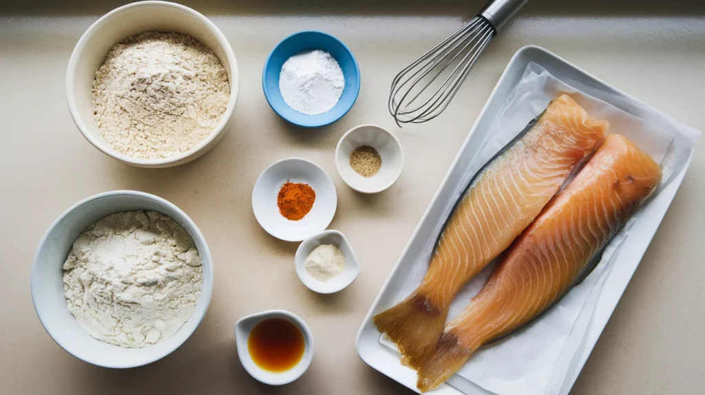 Ingredients for gluten-free fish batter, including rice flour, cornstarch, and spices.