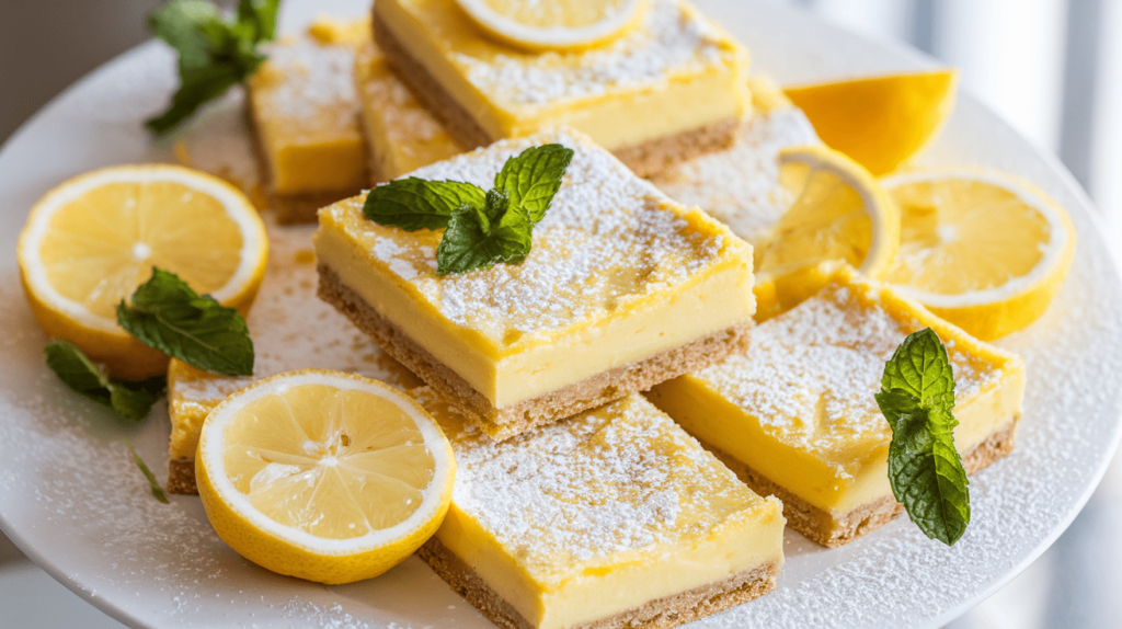 Gluten-free lemon bars on a platter, dusted with powdered sugar and garnished with lemon slices.