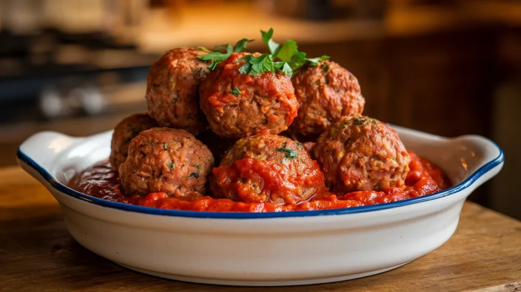 A plate of golden-brown gluten-free meatballs garnished with fresh parsley, served with marinara sauce.