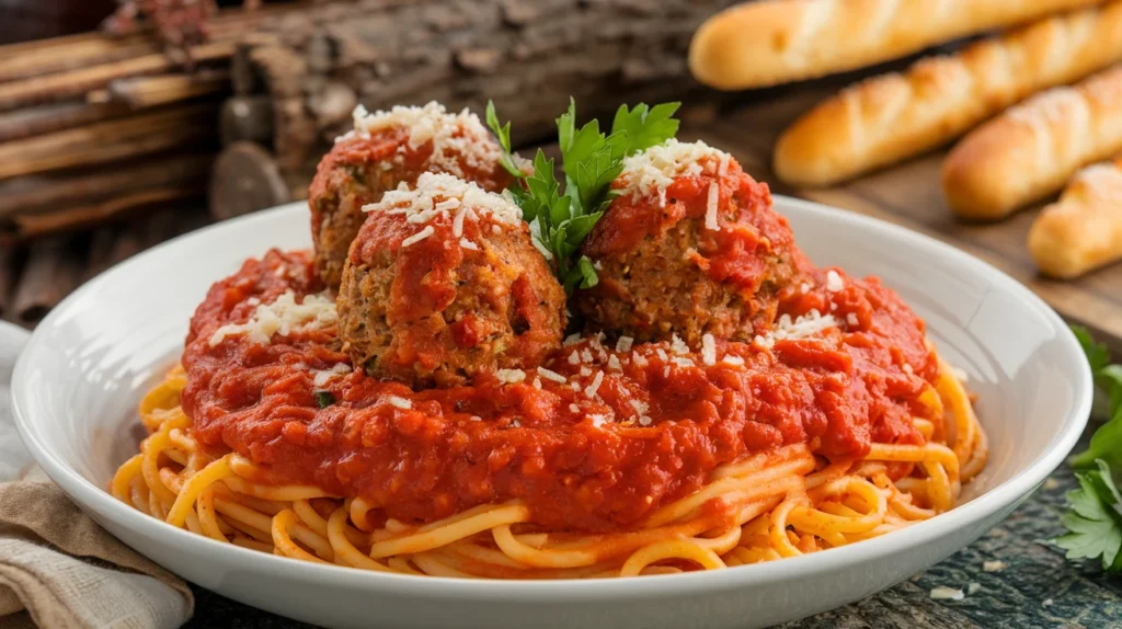 Gluten-free spaghetti topped with marinara sauce and gluten-free meatballs, garnished with parsley.