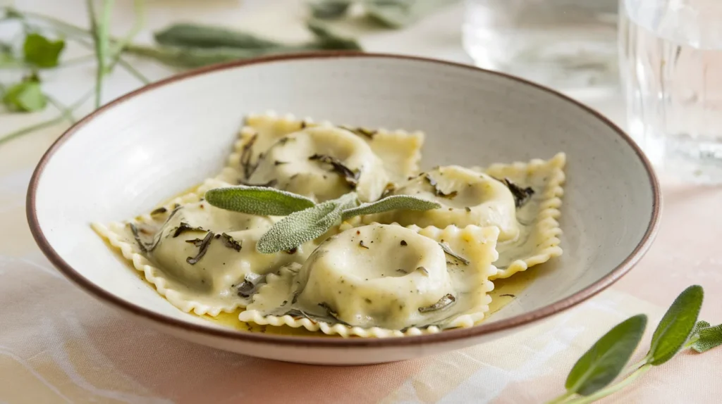 Gluten-free spinach and cheese ravioli served with a light herb butter sauce, garnished with sage.