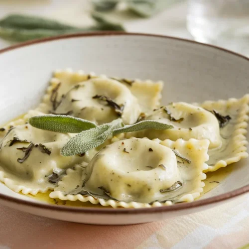 Gluten-free spinach and cheese ravioli served with a light herb butter sauce, garnished with sage.