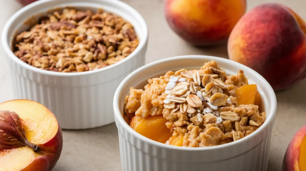 Two small ramekins, one with gluten-free peach crumble and another vegan peach crumble, garnished with oats and nuts, side by side.