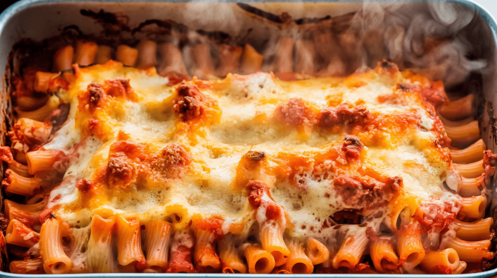 A bubbling baked ziti dish with a perfectly golden cheese crust fresh out of the oven.