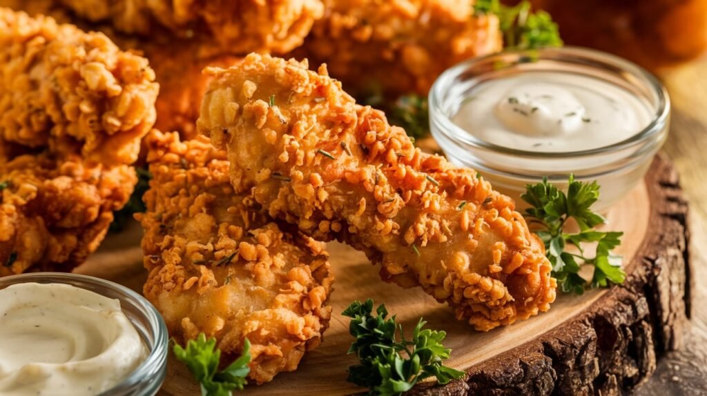 Golden-brown crispy buttermilk chicken tenders served with dipping sauces.