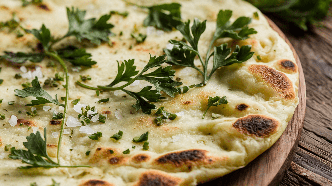 A close-up view of a golden-brown cottage cheese flatbread with a light char and sprinkled with fresh herbs.