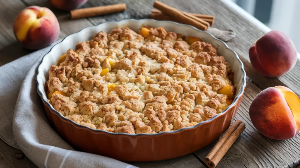 A freshly baked peach crumble with a golden, buttery topping, served in a rustic dish, surrounded by fresh peaches and cinnamon sticks.