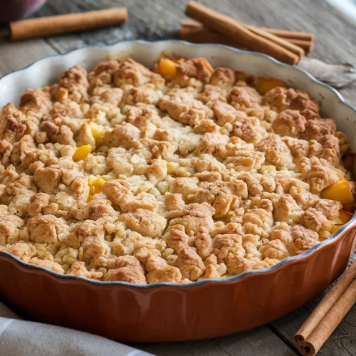 A freshly baked peach crumble with a golden, buttery topping, served in a rustic dish, surrounded by fresh peaches and cinnamon sticks.