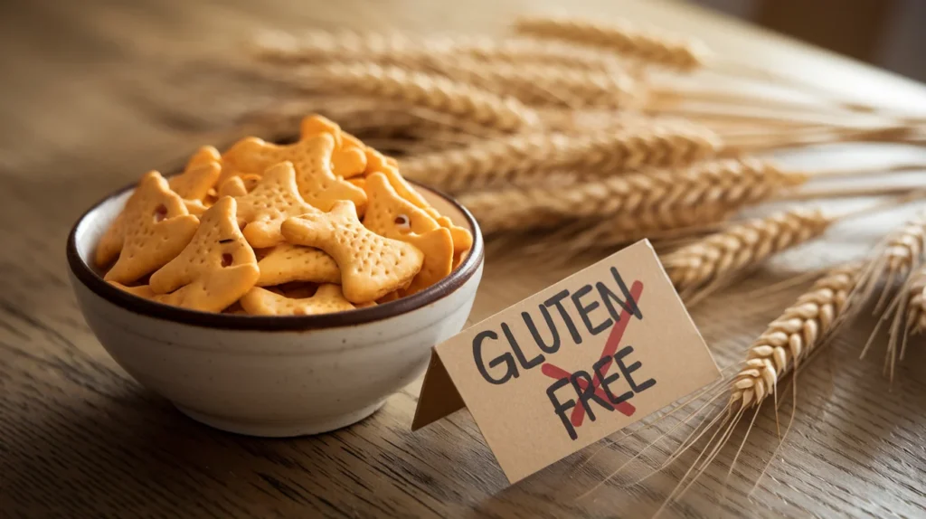 A bowl of Goldfish crackers next to a "gluten-free" label with a red cross over it.