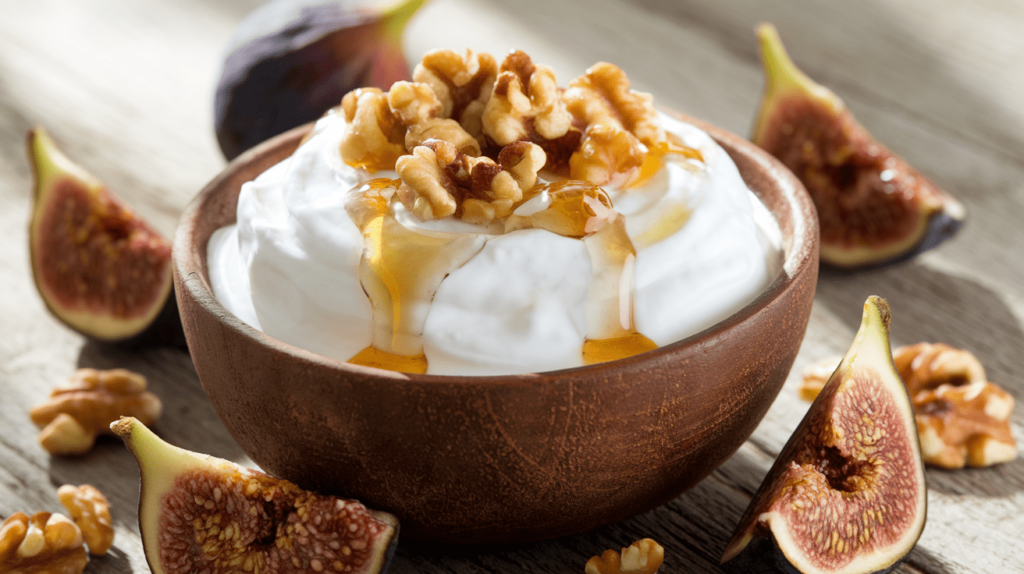 A bowl of creamy Greek yogurt topped with a drizzle of honey, crushed walnuts, and fresh figs.