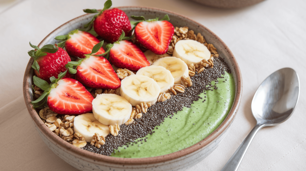 A green smoothie bowl topped with strawberries, bananas, chia seeds, and granola.