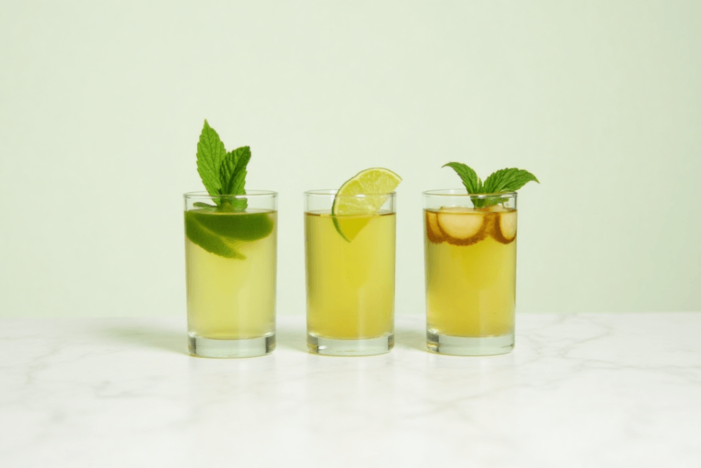 Three variations of green tea shots in glasses, each with unique garnishes like mint leaves, lime wedges, and ginger slices.