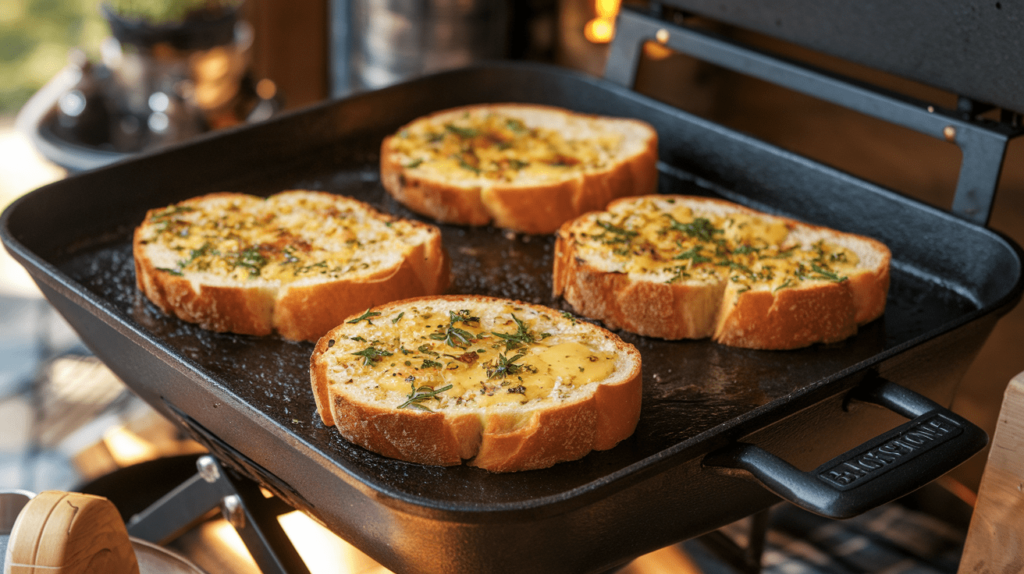 Crispy golden garlic bread slices cooking on a Blackstone griddle.