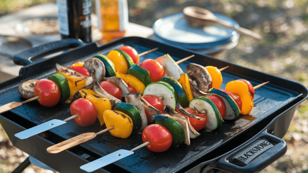 Colorful veggie skewers cooking on a Blackstone griddle, with char marks on the vegetables.