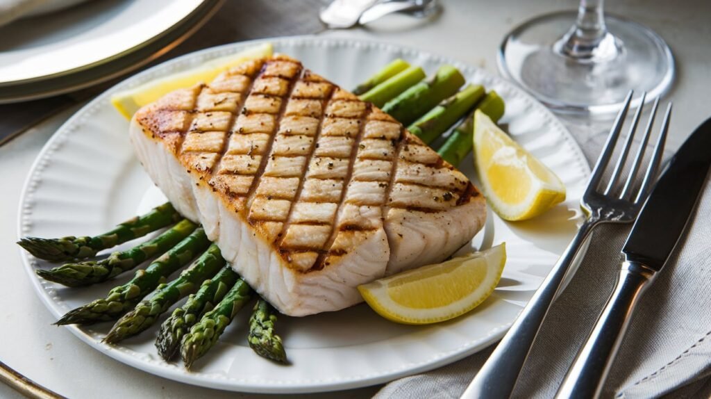 A perfectly grilled halibut fillet served with lemon wedges and grilled asparagus on a plate.