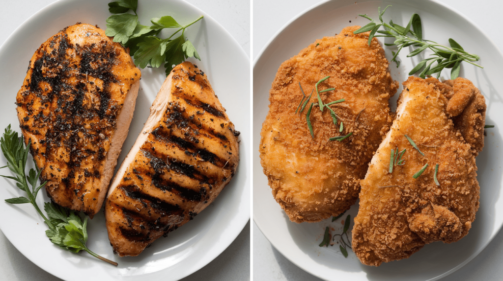 Two plates of chicken: one grilled and seasoned, the other fried and breaded, placed side by side.