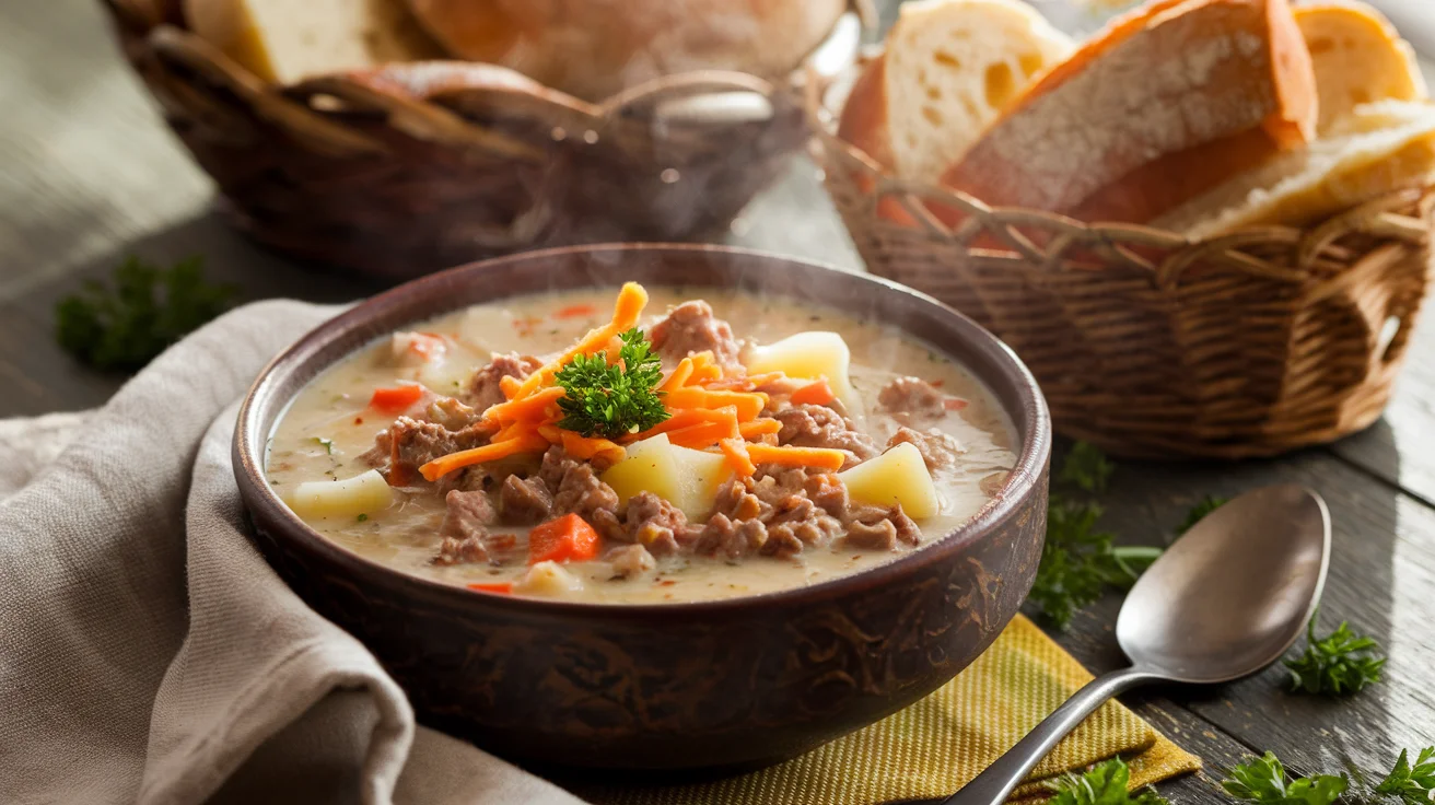 A steaming bowl of creamy hamburger potato soup, garnished with parsley and shredded cheese, set on a rustic wooden table.