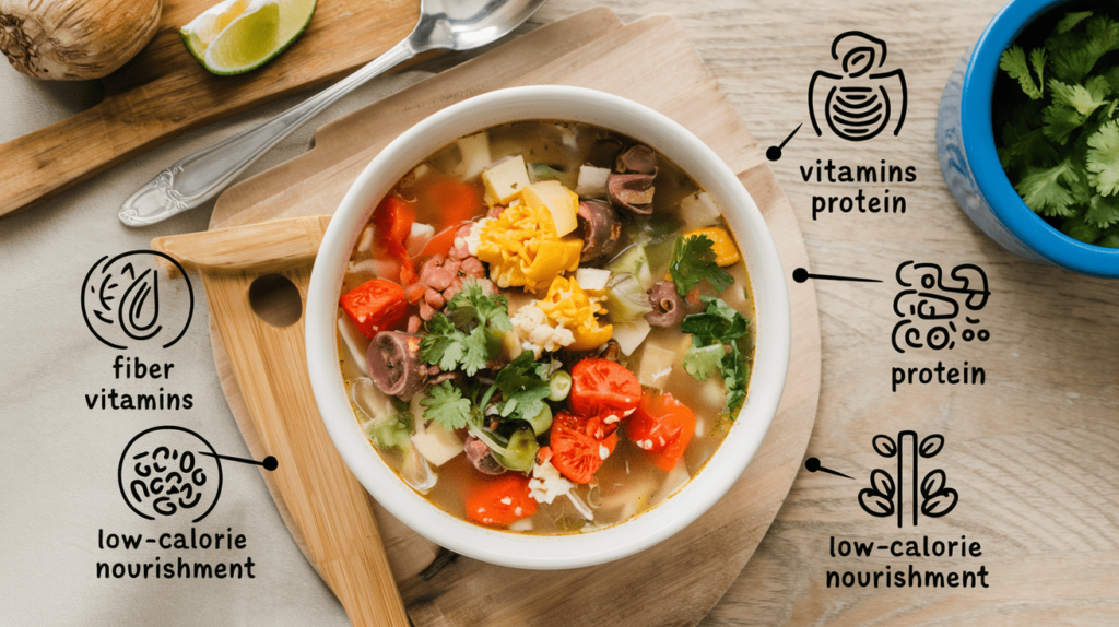 An infographic showing the health benefits of Stone Soup, including high fiber, vitamins, protein options, and low-calorie nourishment.