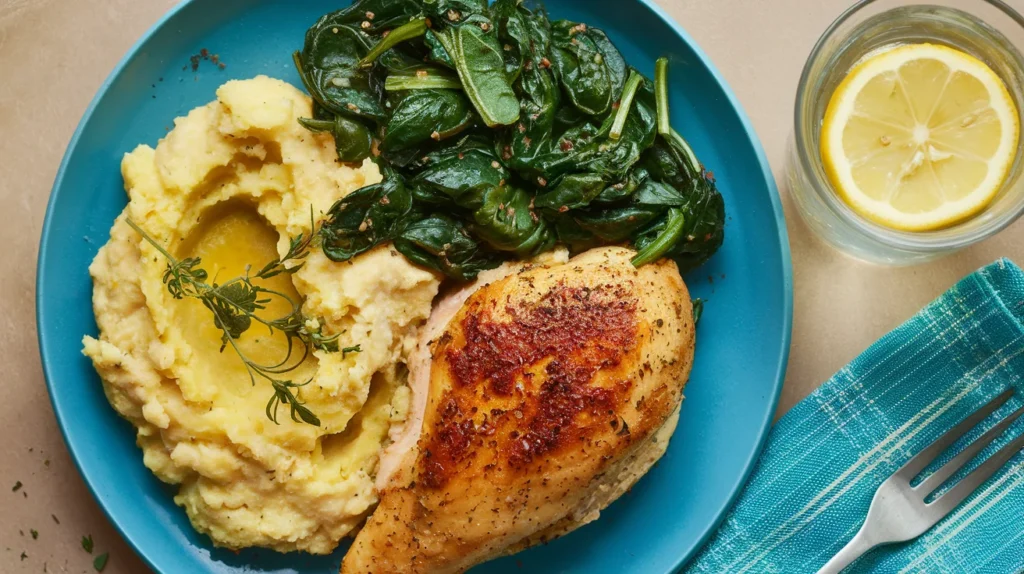 A colorful plate featuring baked chicken, mashed cauliflower, and sautéed spinach.