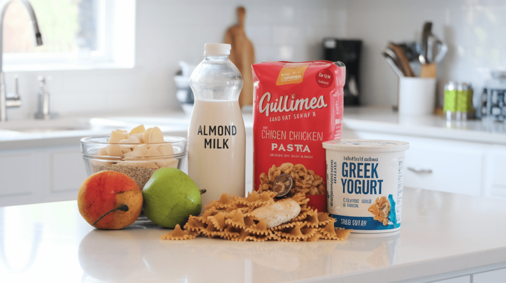 Almond milk, whole-grain pasta, and Greek yogurt as healthy swaps for Cajun chicken pasta.